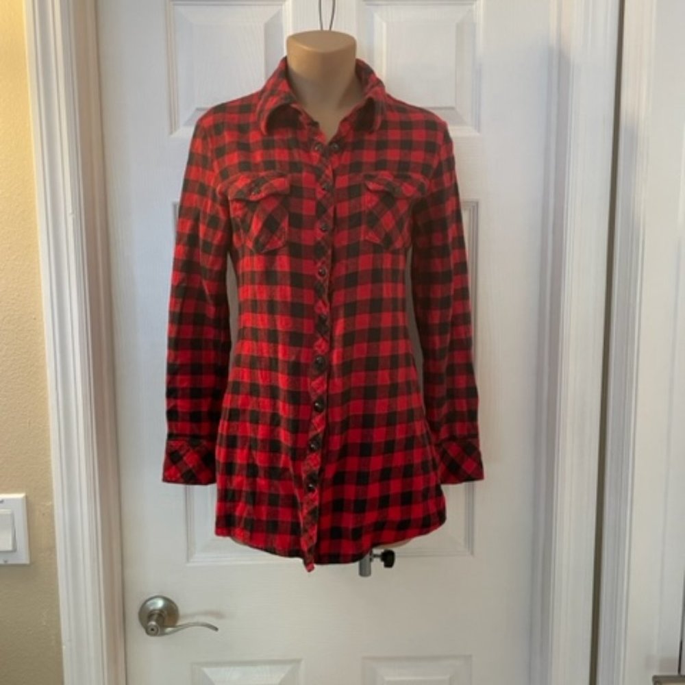 Twentyone Red Plaid Long Sleeve Tunic Length Western Top Small